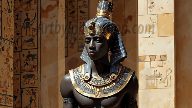 King Tutankhamun - Egyptian Pharaoh. An AI generated photo of the teenaged Egyptian Faro standing proud. Wearing a shendyt, leaving the legs & hips exposed, an elaborate headdresses, arm cuffs, and jewelry, to symbolize his power and divine status. The young Egyptian Faro is in an Grand Egyptian temple with golden pillars and vibrantly colored Egyptian hieroglyphs.