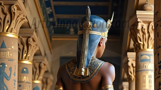 King Tutankhamun - Egyptian Pharaoh. An AI generated photo of the teenaged Egyptian Faro standing proud. Wearing a shendyt, leaving the legs & hips exposed, an elaborate headdresses, arm cuffs, and jewelry, to symbolize his power and divine status. The young Egyptian Faro is in an Grand Egyptian temple with golden pillars and vibrantly colored Egyptian hieroglyphs.