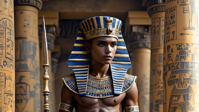 King Tutankhamun - Egyptian Pharaoh. An AI generated photo of the teenaged Egyptian Faro standing proud. Wearing a shendyt, leaving the legs & hips exposed, an elaborate headdresses, arm cuffs, and jewelry, to symbolize his power and divine status. The young Egyptian Faro is in an Grand Egyptian temple with golden pillars and vibrantly colored Egyptian hieroglyphs.