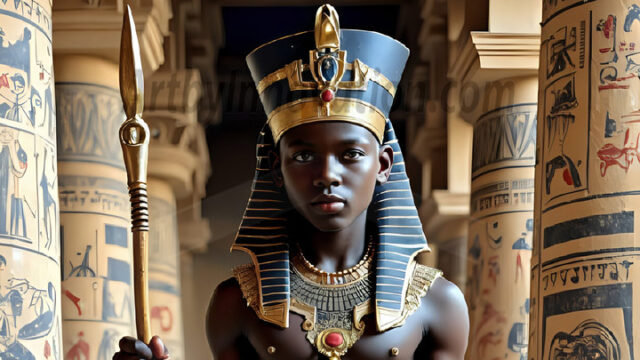 King Tutankhamun - Egyptian Pharaoh. An AI generated photo of the teenaged Egyptian Faro standing proud. Wearing a shendyt, leaving the legs & hips exposed, an elaborate headdresses, arm cuffs, and jewelry, to symbolize his power and divine status. The young Egyptian Faro is in an Grand Egyptian temple with golden pillars and vibrantly colored Egyptian hieroglyphs.