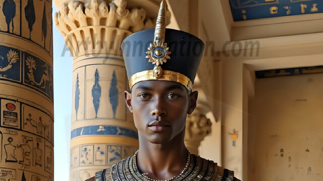 King Tutankhamun - Egyptian Pharaoh. An AI generated photo of the teenaged Egyptian Faro standing proud. Wearing a shendyt, leaving the legs & hips exposed, an elaborate headdresses, arm cuffs, and jewelry, to symbolize his power and divine status. The young Egyptian Faro is in an Grand Egyptian temple with golden pillars and vibrantly colored Egyptian hieroglyphs.