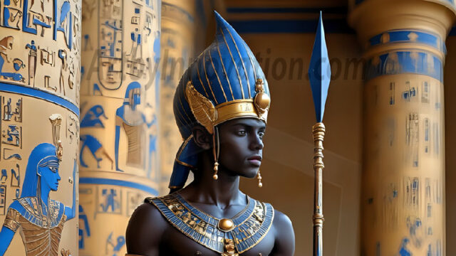 King Tutankhamun - Egyptian Pharaoh. An AI generated photo of the teenaged Egyptian Faro standing proud. Wearing a shendyt, leaving the legs & hips exposed, an elaborate headdresses, arm cuffs, and jewelry, to symbolize his power and divine status. The young Egyptian Faro is in an Grand Egyptian temple with golden pillars and vibrantly colored Egyptian hieroglyphs.