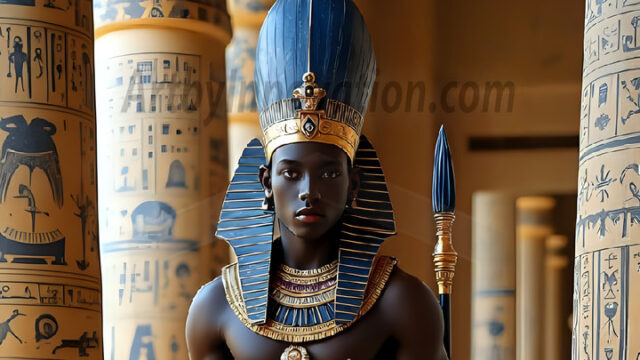 King Tutankhamun - Egyptian Pharaoh. An AI generated photo of the teenaged Egyptian Faro standing proud. Wearing a shendyt, leaving the legs & hips exposed, an elaborate headdresses, arm cuffs, and jewelry, to symbolize his power and divine status. The young Egyptian Faro is in an Grand Egyptian temple with golden pillars and vibrantly colored Egyptian hieroglyphs.