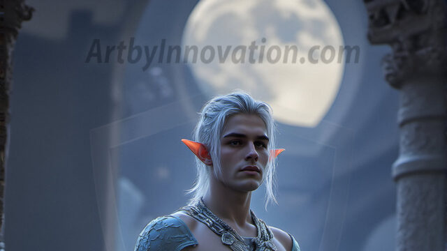 Handsome Male Elves, majestic young male elf standing in an elaborate elven background, in a dark ethereal realm. With pointed ears, wearing glamorous, luxurious, and fierce outfits is an Elven city, full of handsome, and sexy, shirtless elf men, that are adorned with shimmering, iridescent armor.