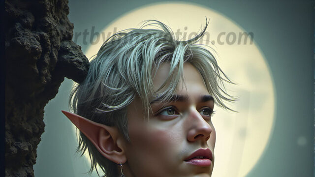 Handsome Male Elves, majestic young male elf standing in an elaborate elven background, in a dark ethereal realm. With pointed ears, wearing glamorous, luxurious, and fierce outfits is an Elven city, full of handsome, and sexy, shirtless elf men, that are adorned with shimmering, iridescent armor.