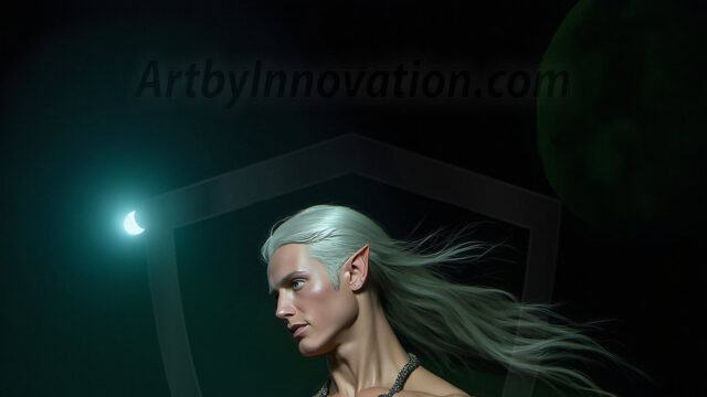 Handsome Male Elves, majestic young male elf standing in an elaborate elven background, in a dark ethereal realm. With pointed ears, wearing glamorous, luxurious, and fierce outfits is an Elven city, full of handsome, and sexy, shirtless elf men, that are adorned with shimmering, iridescent armor.