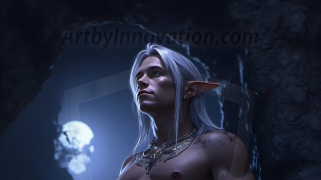 Handsome Male Elves, majestic young male elf standing in an elaborate elven background, in a dark ethereal realm. With pointed ears, wearing glamorous, luxurious, and fierce outfits is an Elven city, full of handsome, and sexy, shirtless elf men, that are adorned with shimmering, iridescent armor.