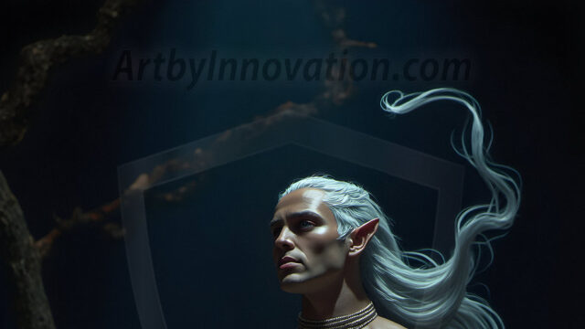 Handsome Male Elves, majestic young male elf standing in an elaborate elven background, in a dark ethereal realm. With pointed ears, wearing glamorous, luxurious, and fierce outfits is an Elven city, full of handsome, and sexy, shirtless elf men, that are adorned with shimmering, iridescent armor.