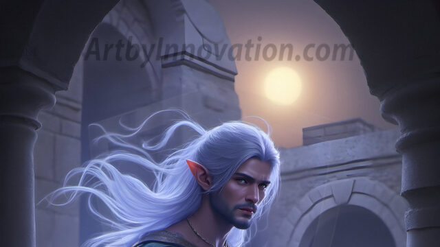 Handsome Male Elves, majestic young male elf standing in an elaborate elven background, in a dark ethereal realm. With pointed ears, wearing glamorous, luxurious, and fierce outfits is an Elven city, full of handsome, and sexy, shirtless elf men, that are adorned with shimmering, iridescent armor.