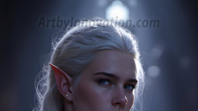 Handsome Male Elves, majestic young male elf standing in an elaborate elven background, in a dark ethereal realm. With pointed ears, wearing glamorous, luxurious, and fierce outfits is an Elven city, full of handsome, and sexy, shirtless elf men, that are adorned with shimmering, iridescent armor.