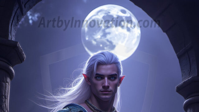 Handsome Male Elves, majestic young male elf standing in an elaborate elven background, in a dark ethereal realm. With pointed ears, wearing glamorous, luxurious, and fierce outfits is an Elven city, full of handsome, and sexy, shirtless elf men, that are adorned with shimmering, iridescent armor.