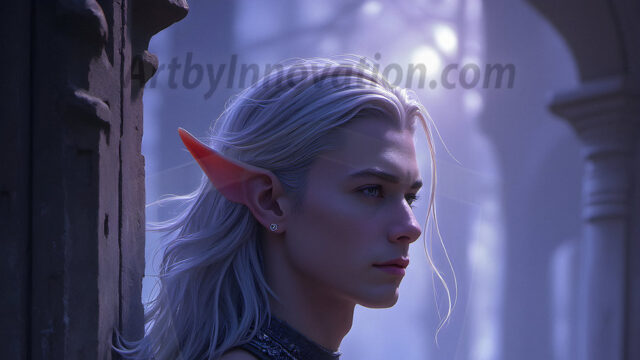 Handsome Male Elves, majestic young male elf standing in an elaborate elven background, in a dark ethereal realm. With pointed ears, wearing glamorous, luxurious, and fierce outfits is an Elven city, full of handsome, and sexy, shirtless elf men, that are adorned with shimmering, iridescent armor.