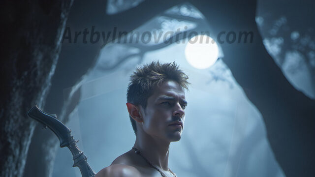 Handsome Male Elves, majestic young male elf standing in an elaborate elven background, in a dark ethereal realm. With pointed ears, wearing glamorous, luxurious, and fierce outfits is an Elven city, full of handsome, and sexy, shirtless elf men, that are adorned with shimmering, iridescent armor.