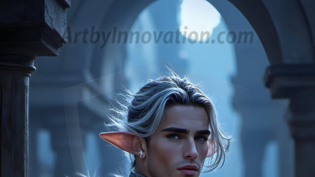 Handsome Male Elves, majestic young male elf standing in an elaborate elven background, in a dark ethereal realm. With pointed ears, wearing glamorous, luxurious, and fierce outfits is an Elven city, full of handsome, and sexy, shirtless elf men, that are adorned with shimmering, iridescent armor.