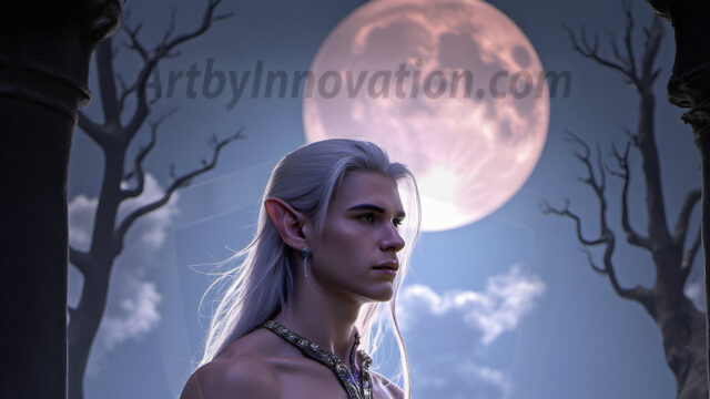 Handsome Male Elves, majestic young male elf standing in an elaborate elven background, in a dark ethereal realm. With pointed ears, wearing glamorous, luxurious, and fierce outfits is an Elven city, full of handsome, and sexy, shirtless elf men, that are adorned with shimmering, iridescent armor.