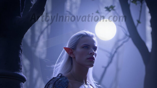 Handsome Male Elves, majestic young male elf standing in an elaborate elven background, in a dark ethereal realm. With pointed ears, wearing glamorous, luxurious, and fierce outfits is an Elven city, full of handsome, and sexy, shirtless elf men, that are adorned with shimmering, iridescent armor.