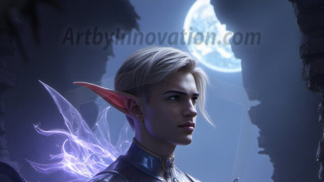 Handsome Male Elves, majestic young male elf standing in an elaborate elven background, in a dark ethereal realm. With pointed ears, wearing glamorous, luxurious, and fierce outfits is an Elven city, full of handsome, and sexy, shirtless elf men, that are adorned with shimmering, iridescent armor.