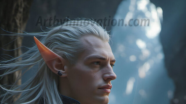 Handsome Male Elves, majestic young male elf standing in an elaborate elven background, in a dark ethereal realm. With pointed ears, wearing glamorous, luxurious, and fierce outfits is an Elven city, full of handsome, and sexy, shirtless elf men, that are adorned with shimmering, iridescent armor.