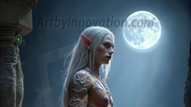 Handsome Male Elves, majestic young male elf standing in an elaborate elven background, in a dark ethereal realm. With pointed ears, wearing glamorous, luxurious, and fierce outfits is an Elven city, full of handsome, and sexy, shirtless elf men, that are adorned with shimmering, iridescent armor.