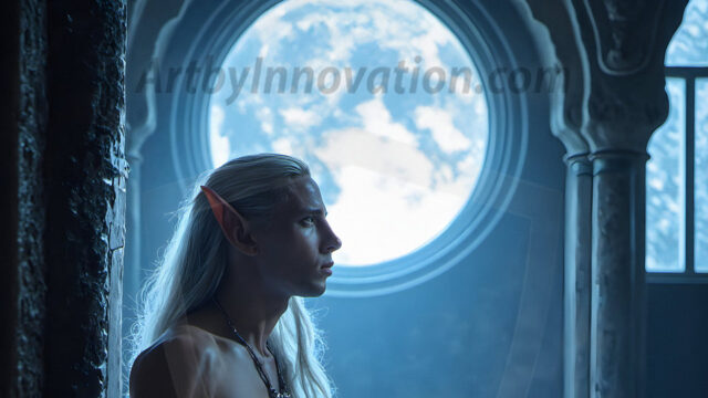 Handsome Male Elves, majestic young male elf standing in an elaborate elven background, in a dark ethereal realm. With pointed ears, wearing glamorous, luxurious, and fierce outfits is an Elven city, full of handsome, and sexy, shirtless elf men, that are adorned with shimmering, iridescent armor.