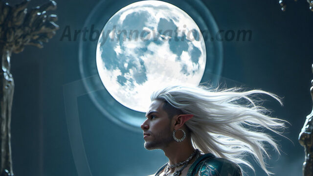 Handsome Male Elves, majestic young male elf standing in an elaborate elven background, in a dark ethereal realm. With pointed ears, wearing glamorous, luxurious, and fierce outfits is an Elven city, full of handsome, and sexy, shirtless elf men, that are adorned with shimmering, iridescent armor.