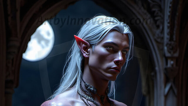 Handsome Male Elves, majestic young male elf standing in an elaborate elven background, in a dark ethereal realm. With pointed ears, wearing glamorous, luxurious, and fierce outfits is an Elven city, full of handsome, and sexy, shirtless elf men, that are adorned with shimmering, iridescent armor.