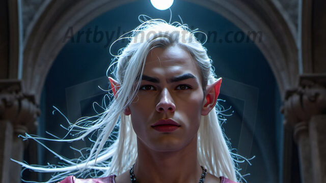Handsome Male Elves, majestic young male elf standing in an elaborate elven background, in a dark ethereal realm. With pointed ears, wearing glamorous, luxurious, and fierce outfits is an Elven city, full of handsome, and sexy, shirtless elf men, that are adorned with shimmering, iridescent armor.