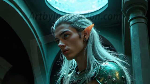 Handsome Male Elves, majestic young male elf standing in an elaborate elven background, in a dark ethereal realm. With pointed ears, wearing glamorous, luxurious, and fierce outfits is an Elven city, full of handsome, and sexy, shirtless elf men, that are adorned with shimmering, iridescent armor.