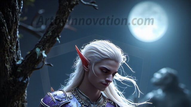 Handsome Male Elves, majestic young male elf standing in an elaborate elven background, in a dark ethereal realm. With pointed ears, wearing glamorous, luxurious, and fierce outfits is an Elven city, full of handsome, and sexy, shirtless elf men, that are adorned with shimmering, iridescent armor.