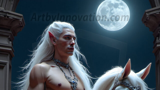 Handsome Male Elves, majestic young male elf standing in an elaborate elven background, in a dark ethereal realm. With pointed ears, wearing glamorous, luxurious, and fierce outfits is an Elven city, full of handsome, and sexy, shirtless elf men, that are adorned with shimmering, iridescent armor.