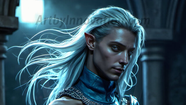 Handsome Male Elves, majestic young male elf standing in an elaborate elven background, in a dark ethereal realm. With pointed ears, wearing glamorous, luxurious, and fierce outfits is an Elven city, full of handsome, and sexy, shirtless elf men, that are adorned with shimmering, iridescent armor.