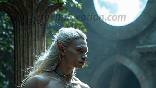Handsome Male Elves, majestic young male elf standing in an elaborate elven background, in a dark ethereal realm. With pointed ears, wearing glamorous, luxurious, and fierce outfits is an Elven city, full of handsome, and sexy, shirtless elf men, that are adorned with shimmering, iridescent armor.