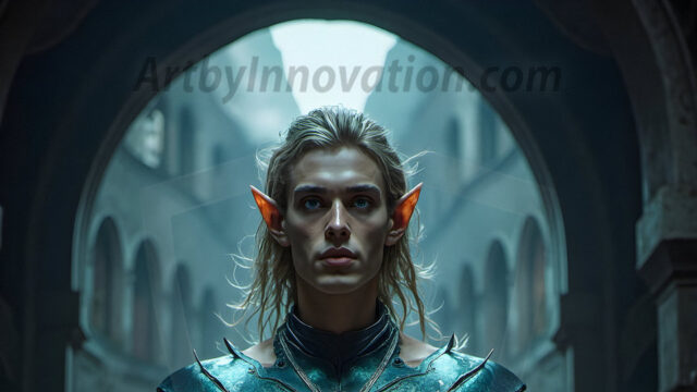 Handsome Male Elves, majestic young male elf standing in an elaborate elven background, in a dark ethereal realm. With pointed ears, wearing glamorous, luxurious, and fierce outfits is an Elven city, full of handsome, and sexy, shirtless elf men, that are adorned with shimmering, iridescent armor.