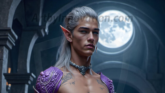 Handsome Male Elves, majestic young male elf standing in an elaborate elven background, in a dark ethereal realm. With pointed ears, wearing glamorous, luxurious, and fierce outfits is an Elven city, full of handsome, and sexy, shirtless elf men, that are adorned with shimmering, iridescent armor.