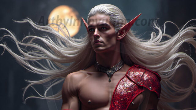 Handsome Male Elves, majestic young male elf standing in an elaborate elven background, in a dark ethereal realm. With pointed ears, wearing glamorous, luxurious, and fierce outfits is an Elven city, full of handsome, and sexy, shirtless elf men, that are adorned with shimmering, iridescent armor.