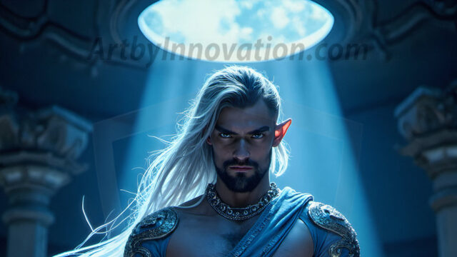 Handsome Male Elves, majestic young male elf standing in an elaborate elven background, in a dark ethereal realm. With pointed ears, wearing glamorous, luxurious, and fierce outfits is an Elven city, full of handsome, and sexy, shirtless elf men, that are adorned with shimmering, iridescent armor.
