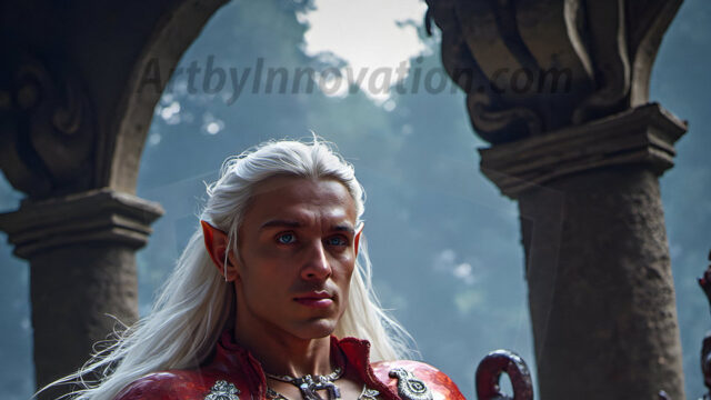 Handsome Male Elves, majestic young male elf standing in an elaborate elven background, in a dark ethereal realm. With pointed ears, wearing glamorous, luxurious, and fierce outfits is an Elven city, full of handsome, and sexy, shirtless elf men, that are adorned with shimmering, iridescent armor.