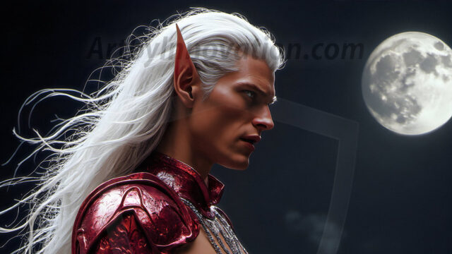 Handsome Male Elves, majestic young male elf standing in an elaborate elven background, in a dark ethereal realm. With pointed ears, wearing glamorous, luxurious, and fierce outfits is an Elven city, full of handsome, and sexy, shirtless elf men, that are adorned with shimmering, iridescent armor.