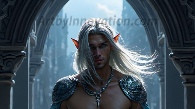 Handsome Male Elves, majestic young male elf standing in an elaborate elven background, in a dark ethereal realm. With pointed ears, wearing glamorous, luxurious, and fierce outfits is an Elven city, full of handsome, and sexy, shirtless elf men, that are adorned with shimmering, iridescent armor.
