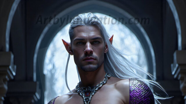 Handsome Male Elves, majestic young male elf standing in an elaborate elven background, in a dark ethereal realm. With pointed ears, wearing glamorous, luxurious, and fierce outfits is an Elven city, full of handsome, and sexy, shirtless elf men, that are adorned with shimmering, iridescent armor.