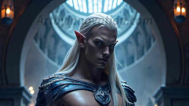Handsome Male Elves, majestic young male elf standing in an elaborate elven background, in a dark ethereal realm. With pointed ears, wearing glamorous, luxurious, and fierce outfits is an Elven city, full of handsome, and sexy, shirtless elf men, that are adorned with shimmering, iridescent armor.