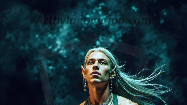 Handsome Male Elves, majestic young male elf standing in an elaborate elven background, in a dark ethereal realm. With pointed ears, wearing glamorous, luxurious, and fierce outfits is an Elven city, full of handsome, and sexy, shirtless elf men, that are adorned with shimmering, iridescent armor.