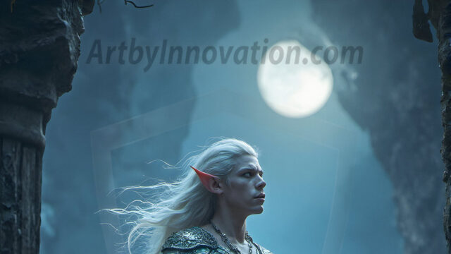 Handsome Male Elves, majestic young male elf standing in an elaborate elven background, in a dark ethereal realm. With pointed ears, wearing glamorous, luxurious, and fierce outfits is an Elven city, full of handsome, and sexy, shirtless elf men, that are adorned with shimmering, iridescent armor.