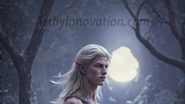 Handsome Male Elves, majestic young male elf standing in an elaborate elven background, in a dark ethereal realm. With pointed ears, wearing glamorous, luxurious, and fierce outfits is an Elven city, full of handsome, and sexy, shirtless elf men, that are adorned with shimmering, iridescent armor.