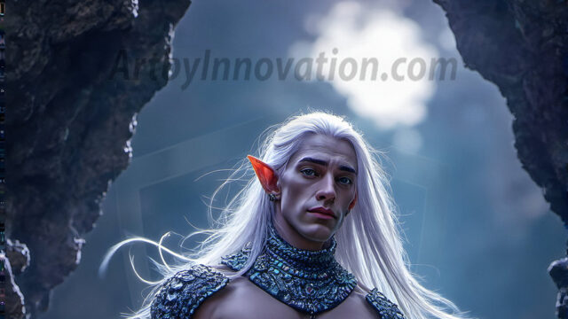 Handsome Male Elves, majestic young male elf standing in an elaborate elven background, in a dark ethereal realm. With pointed ears, wearing glamorous, luxurious, and fierce outfits is an Elven city, full of handsome, and sexy, shirtless elf men, that are adorned with shimmering, iridescent armor.