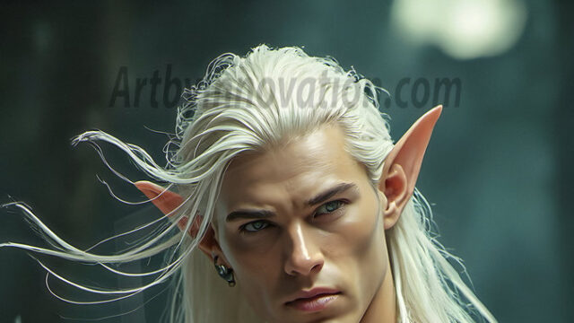 Handsome Male Elves, majestic young male elf standing in an elaborate elven background, in a dark ethereal realm. With pointed ears, wearing glamorous, luxurious, and fierce outfits is an Elven city, full of handsome, and sexy, shirtless elf men, that are adorned with shimmering, iridescent armor.
