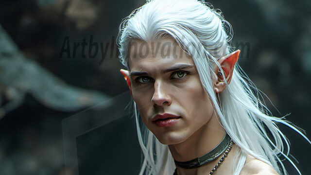 Handsome Male Elves, majestic young male elf standing in an elaborate elven background, in a dark ethereal realm. With pointed ears, wearing glamorous, luxurious, and fierce outfits is an Elven city, full of handsome, and sexy, shirtless elf men, that are adorned with shimmering, iridescent armor.