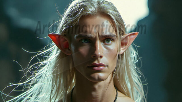 Handsome Male Elves, majestic young male elf standing in an elaborate elven background, in a dark ethereal realm. With pointed ears, wearing glamorous, luxurious, and fierce outfits is an Elven city, full of handsome, and sexy, shirtless elf men, that are adorned with shimmering, iridescent armor.