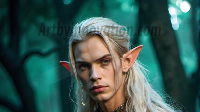 Handsome Male Elves, majestic young male elf standing in an elaborate elven background, in a dark ethereal realm. With pointed ears, wearing glamorous, luxurious, and fierce outfits is an Elven city, full of handsome, and sexy, shirtless elf men, that are adorned with shimmering, iridescent armor.