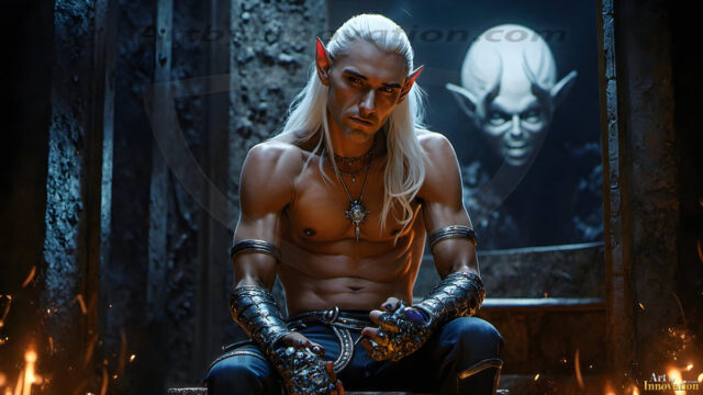 Handsome Male Elves, majestic young male elf standing in an elaborate elven background, in a dark ethereal realm. With pointed ears, wearing glamorous, luxurious, and fierce outfits is an Elven city, full of handsome, and sexy, shirtless elf men, that are adorned with shimmering, iridescent armor.